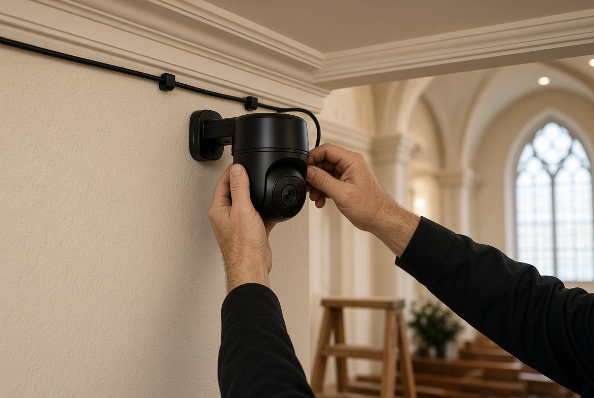 PTZ camera being installed in a chapel
